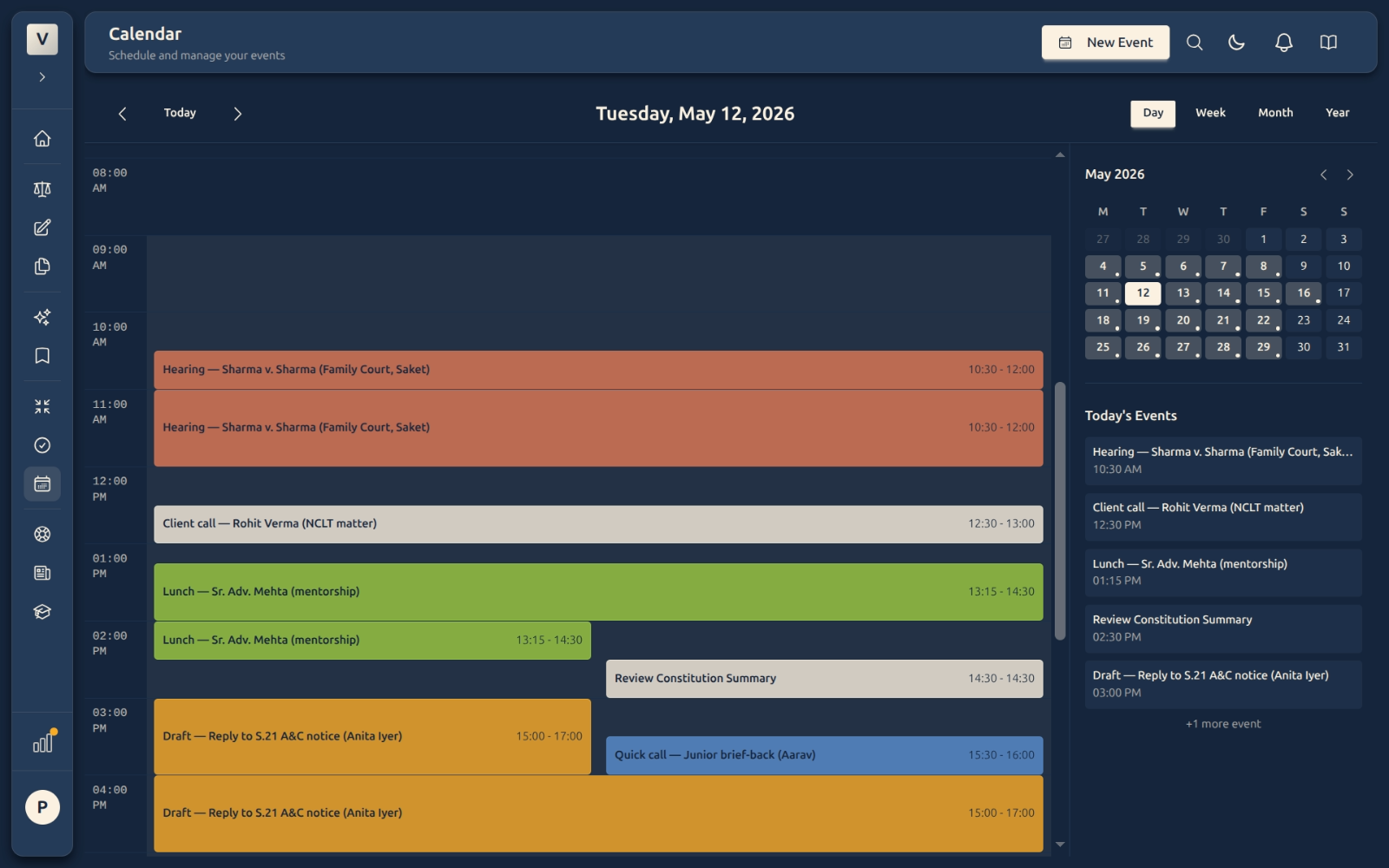 Calendar — Day view with today’s hearings, drafting block, and client meets
