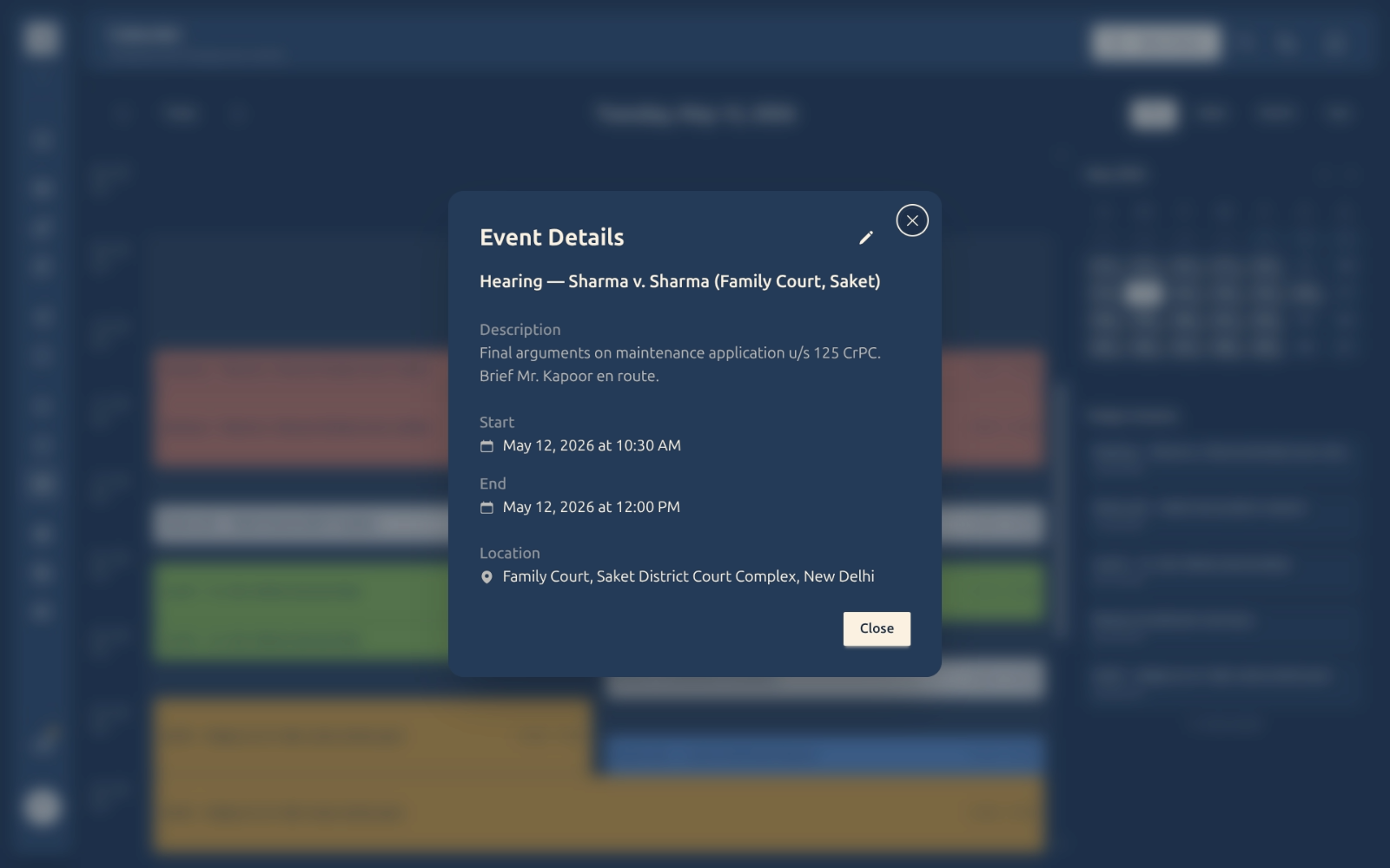 Event Details dialog for a hearing showing description, times, and location