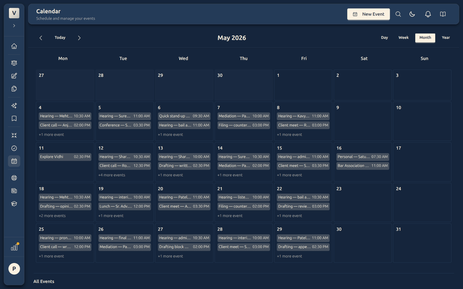 Calendar — Month view showing May 2026 with dense weekday density