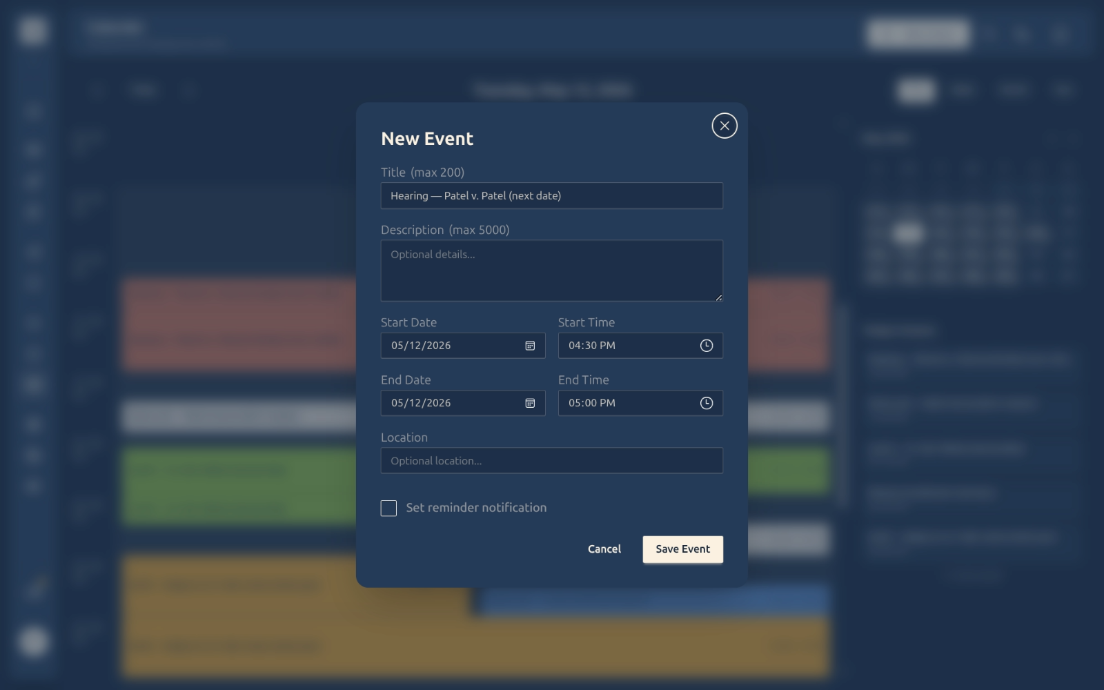 New Event dialog with title, dates, times, and location fields