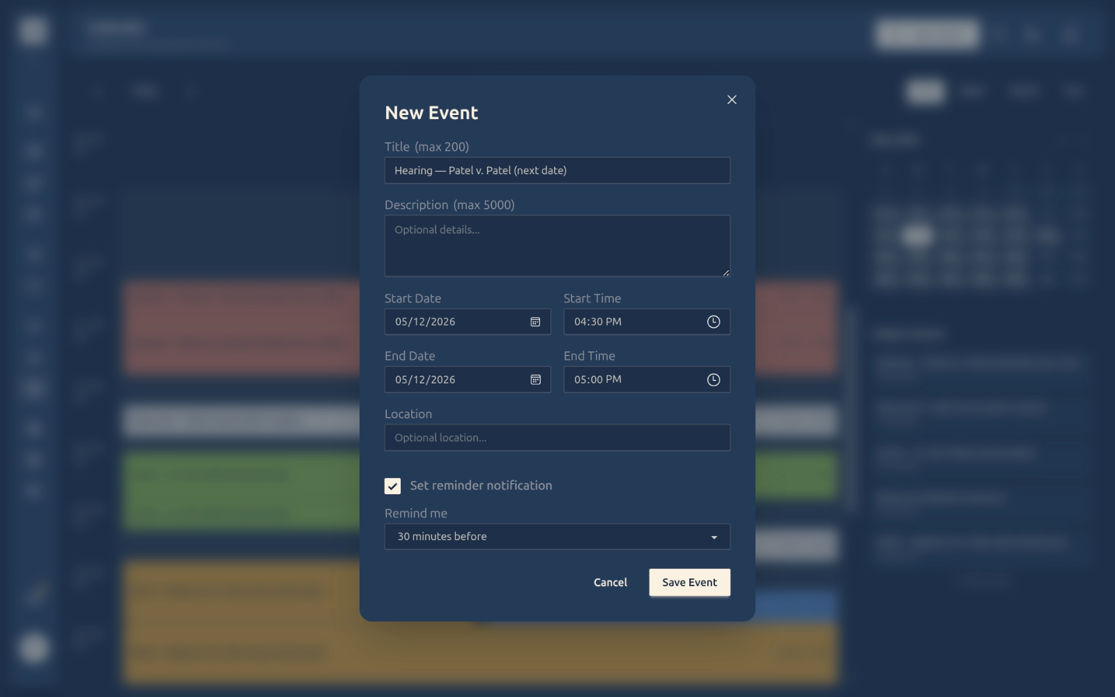 New Event dialog with reminder toggled on, showing “30 minutes before” preset