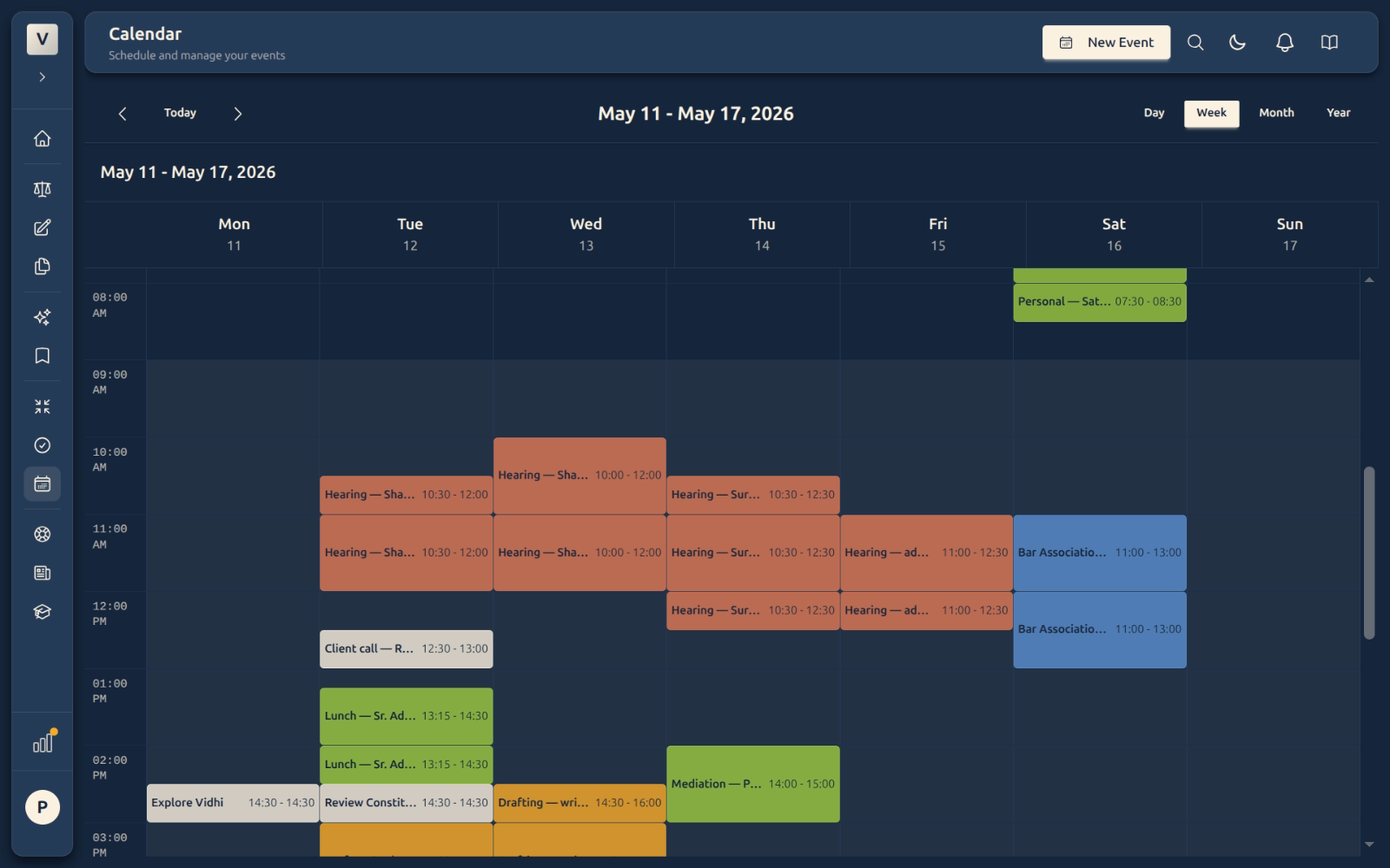 Calendar — Week view with hearings, drafting, mediation across Mon–Sun