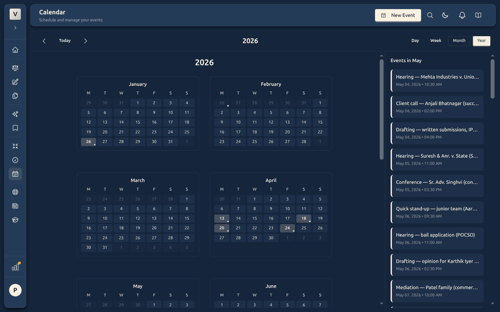 Calendar — Year view with mini-month density dots across 2026