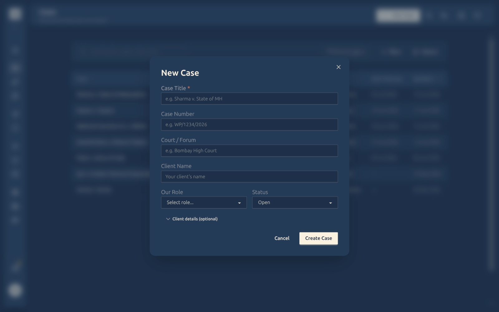 New Case modal with title, number, court, client, role, and status fields