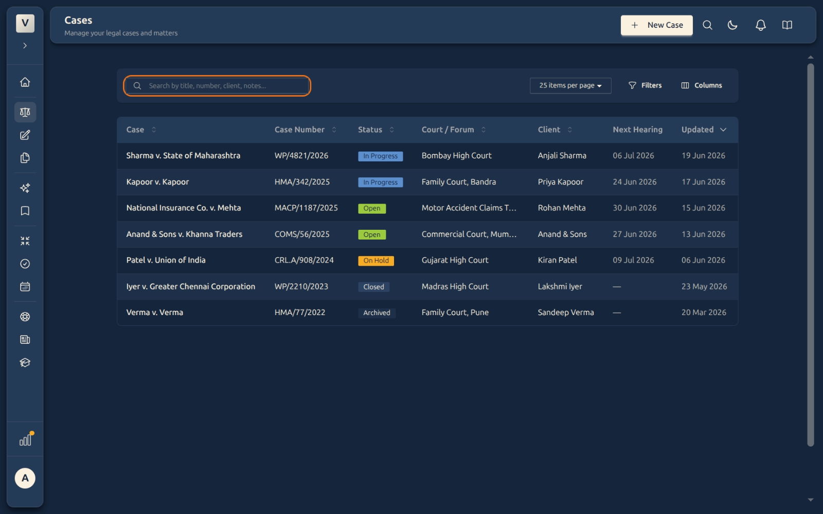 Search box above the case list