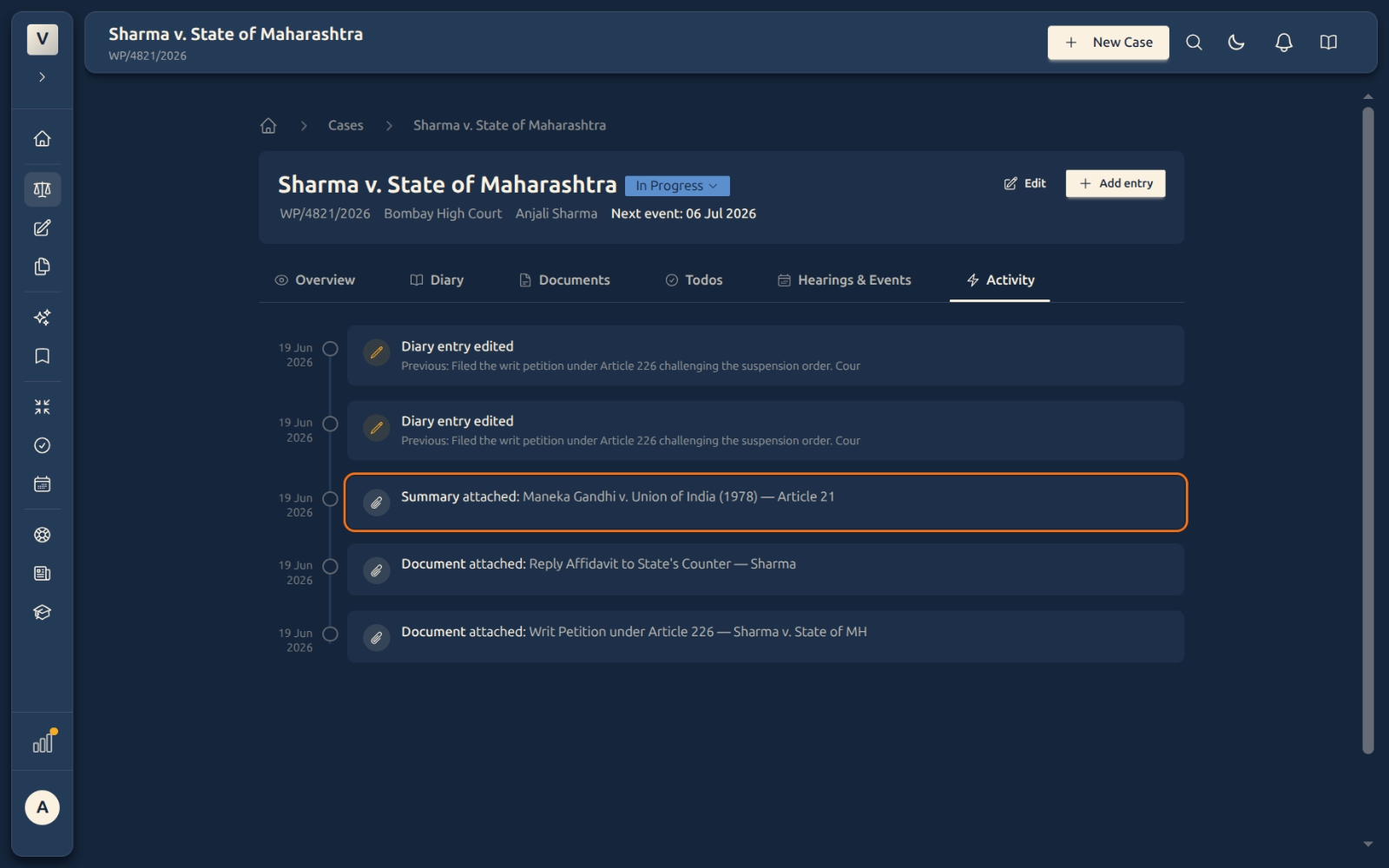 An attachment event in the activity timeline
