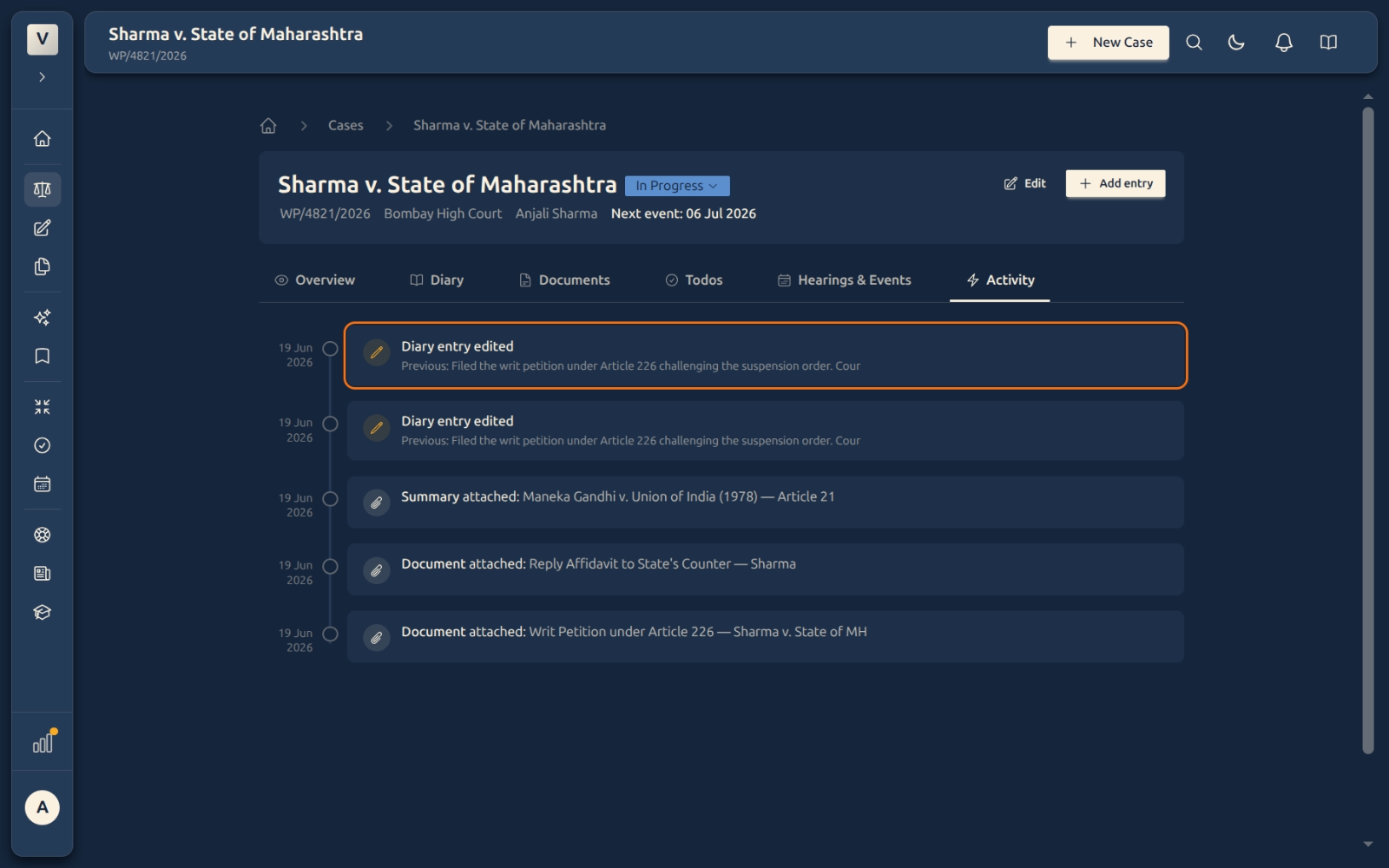 A diary-edit event showing the previous text