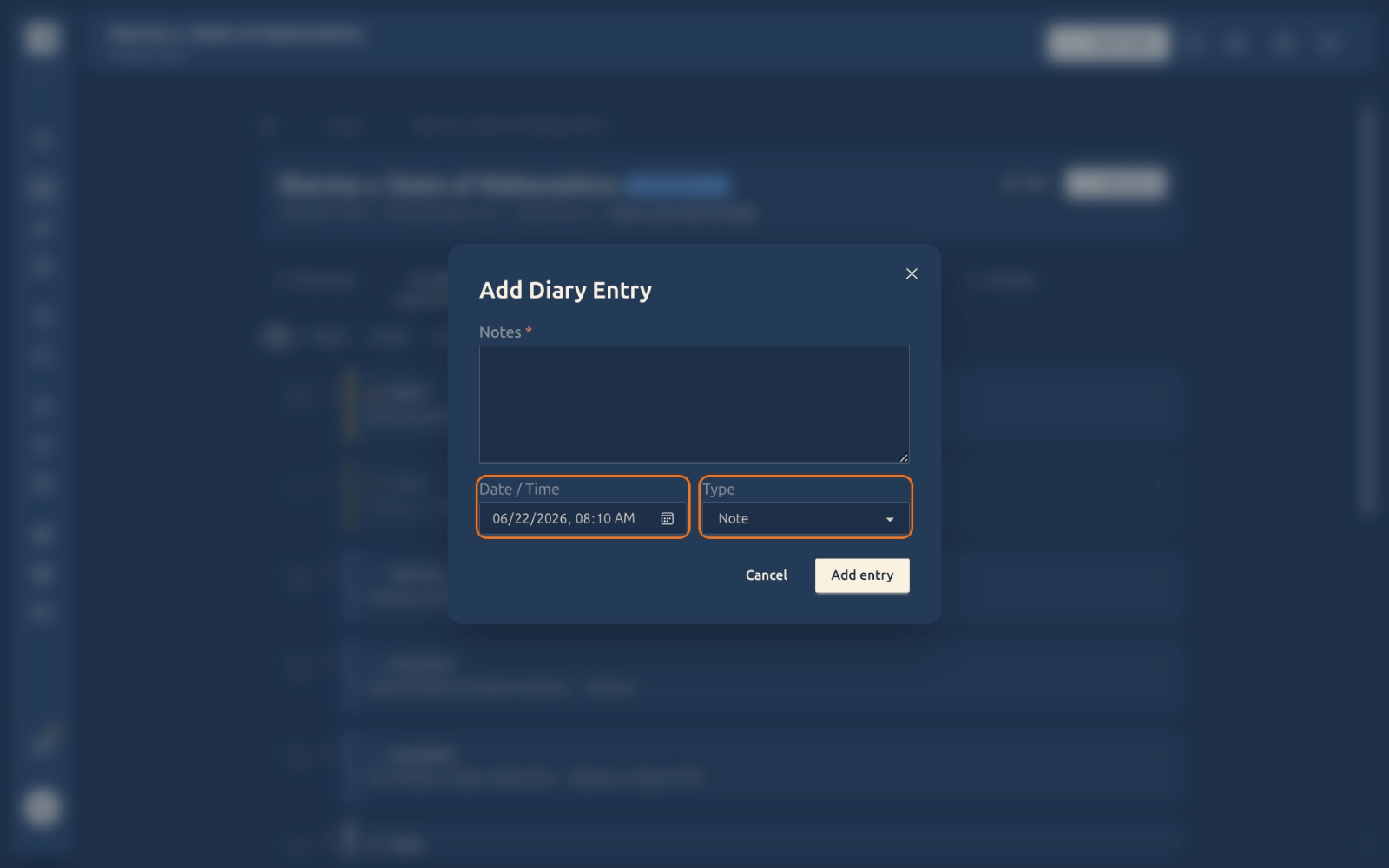 Add Diary Entry modal with the Date/Time and Type fields highlighted