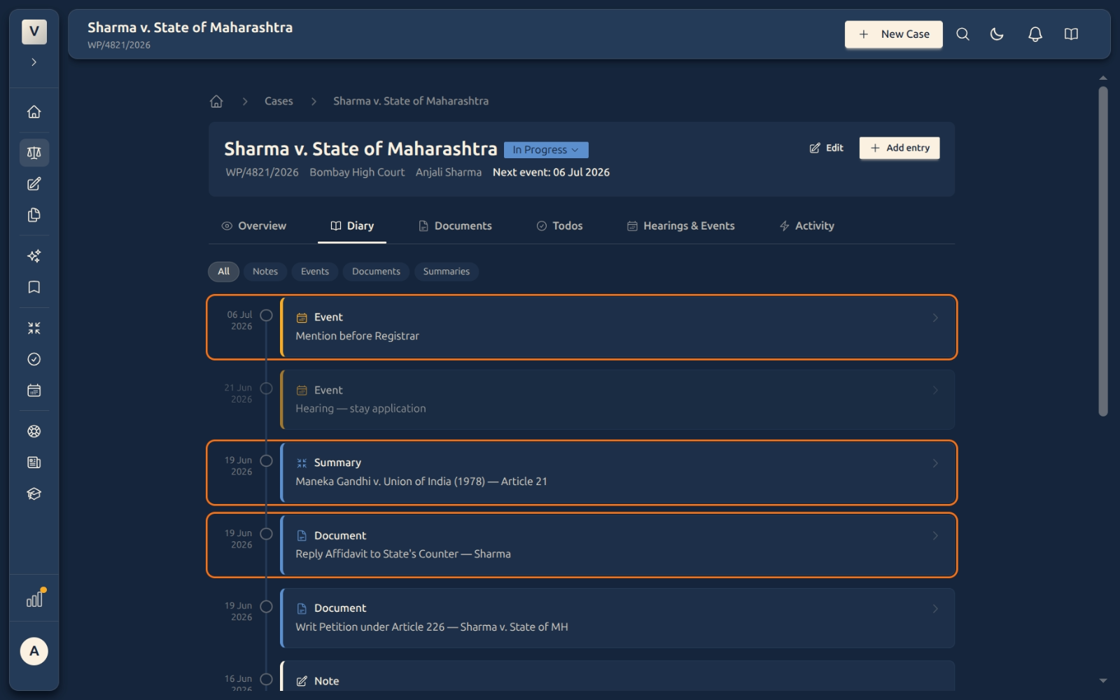 Case diary timeline mixing events, summaries, and documents
