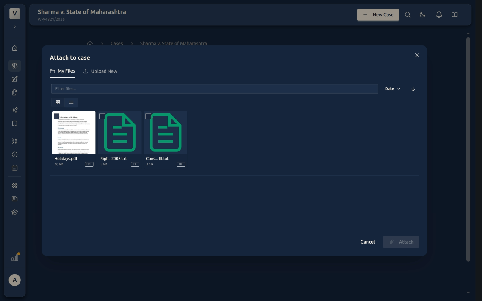 The Attach to case dialog with My Files and Upload New tabs