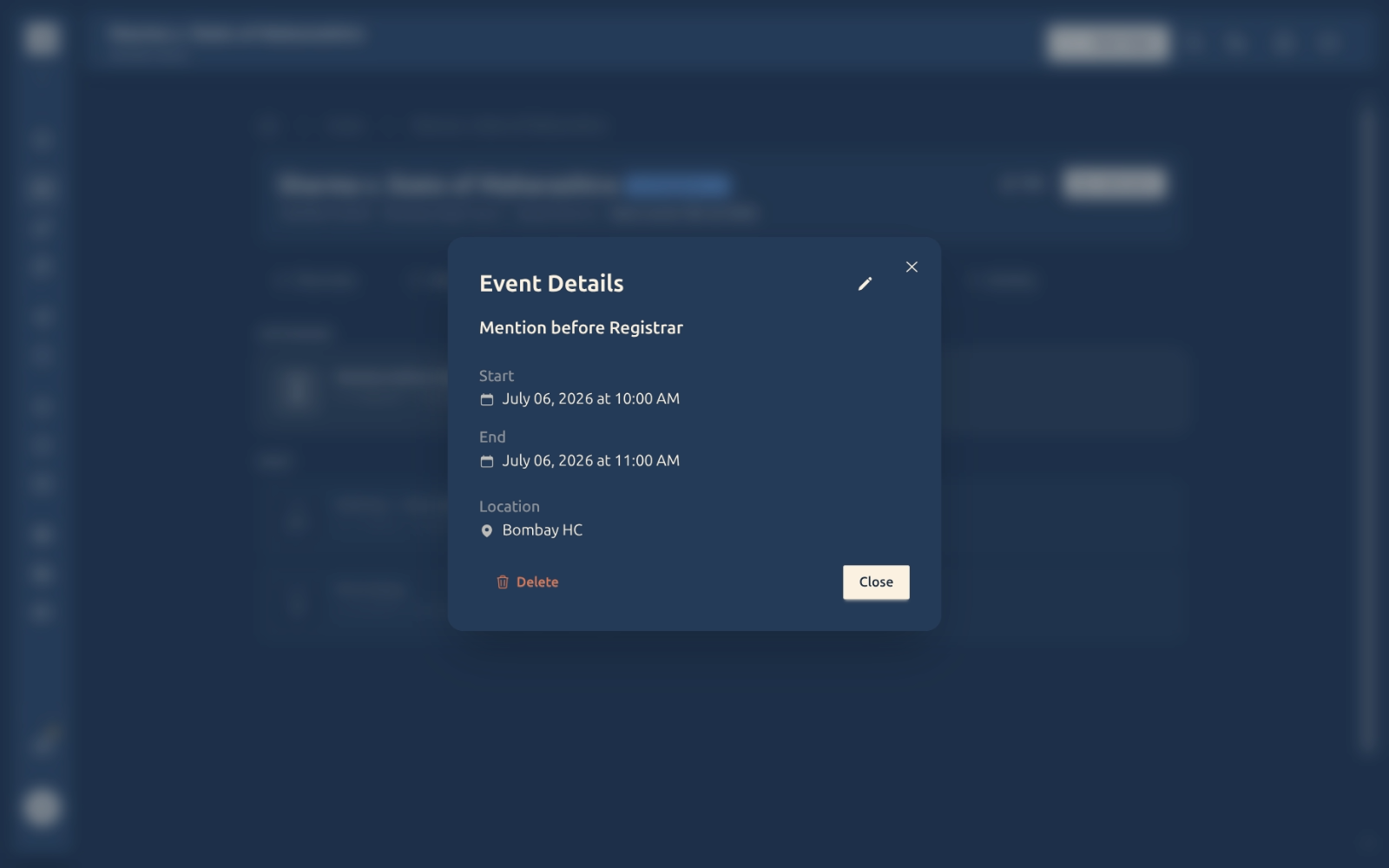 An event opened in detail view