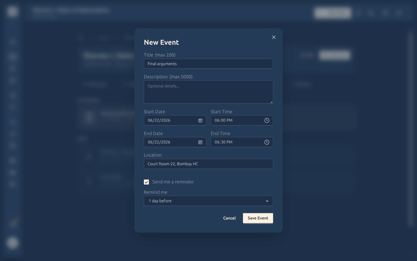 The New Event form with title, start and end, and location