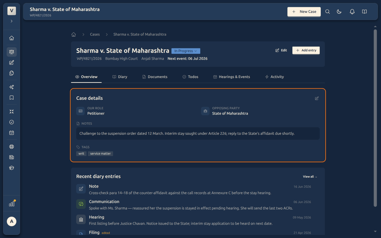 Case details card on the Overview tab