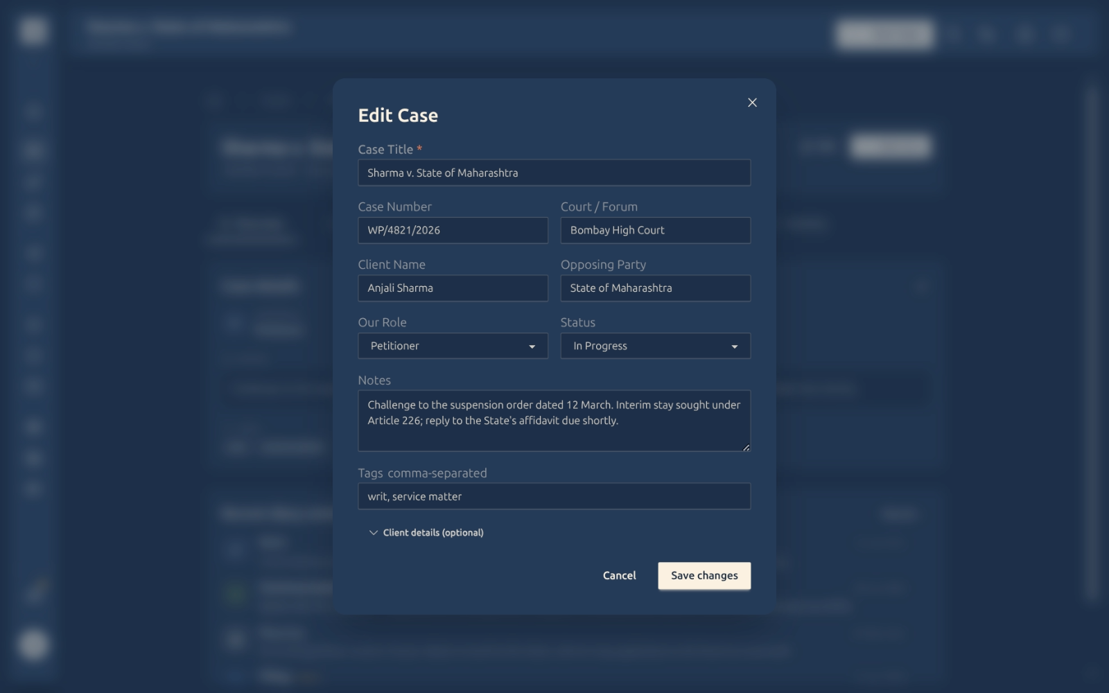 Edit Case modal with title, parties, role, status, notes, and tags