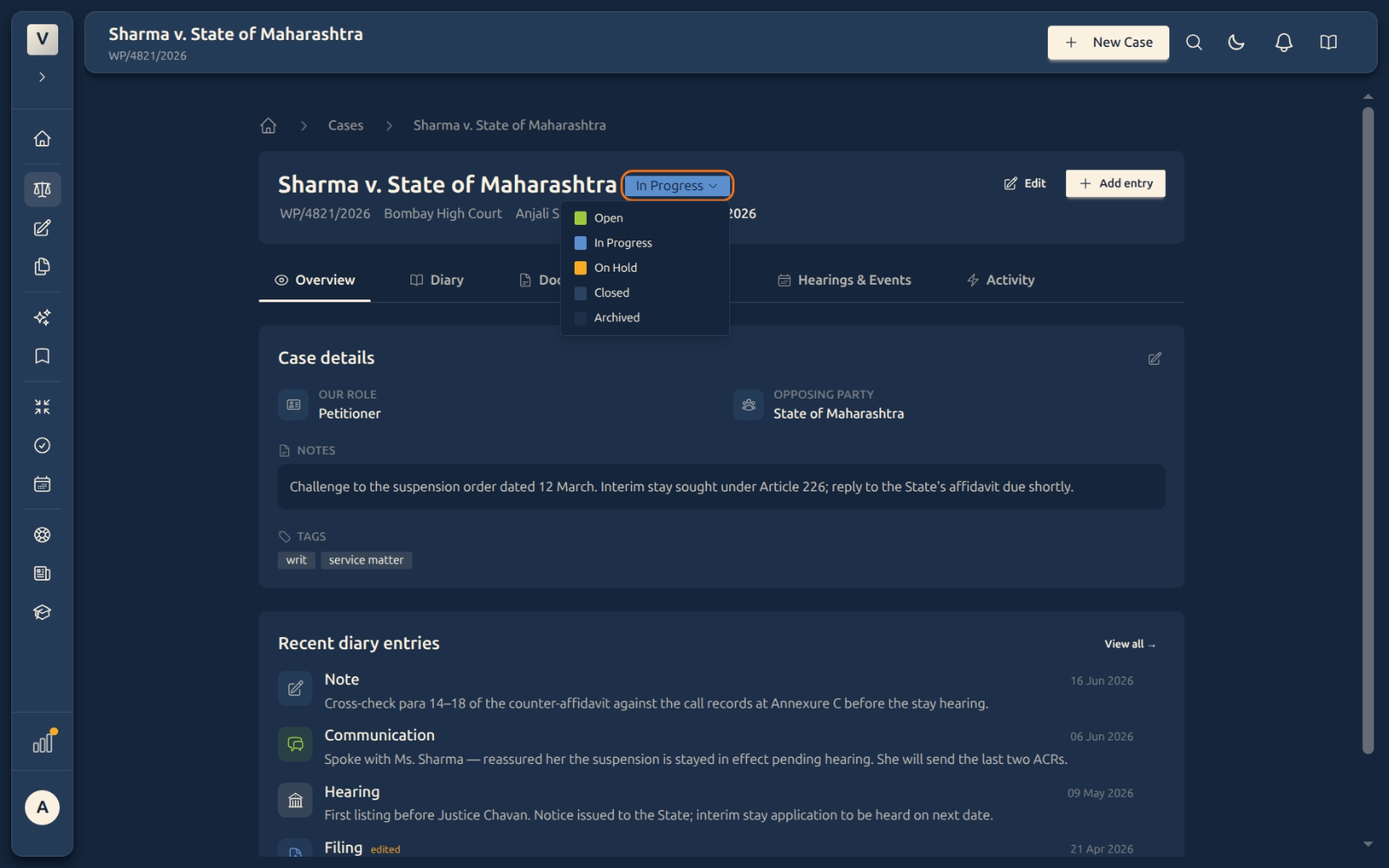 Status badge opened as a dropdown with the five status options