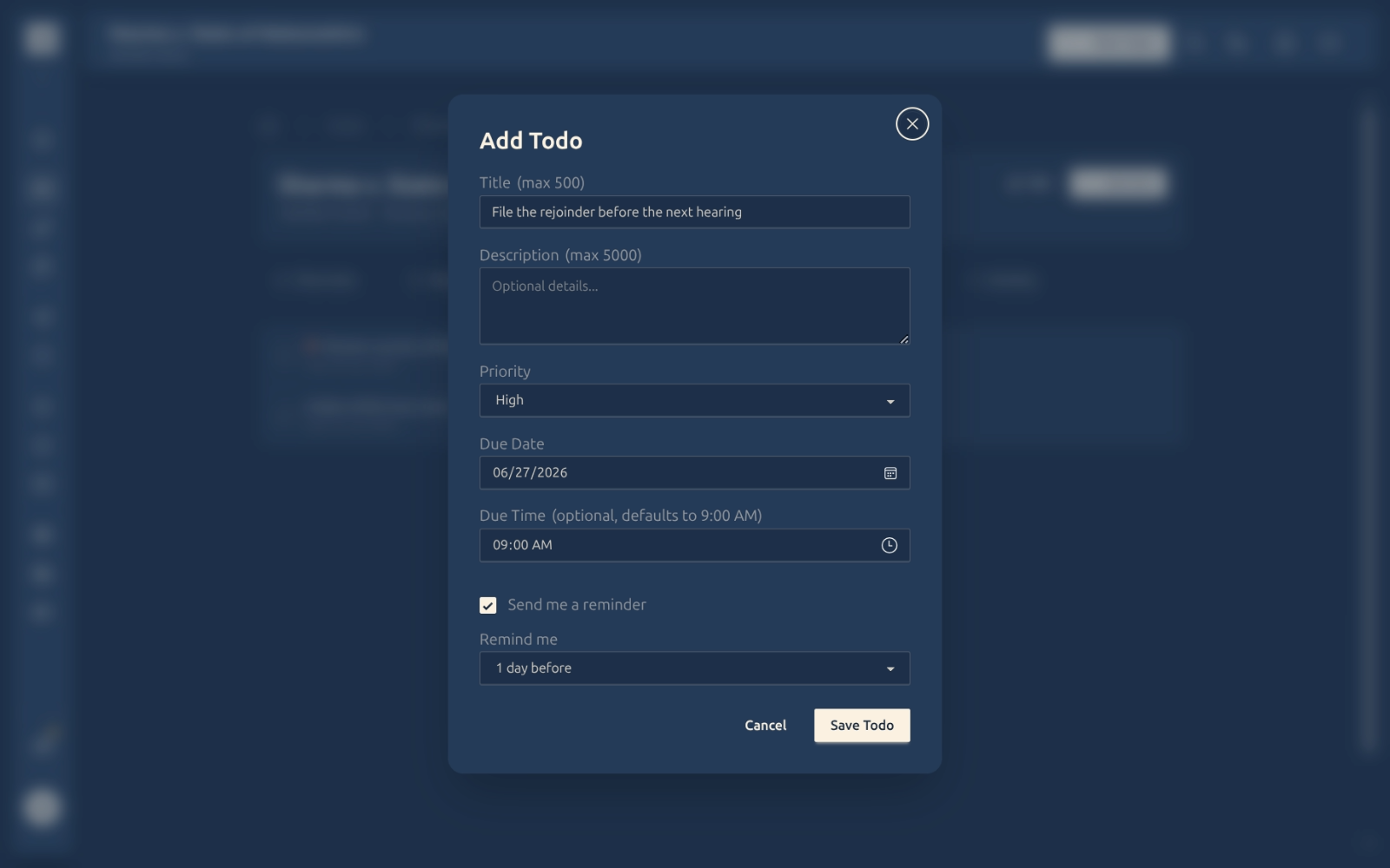 The Add Todo form with title, priority, due date, and reminder