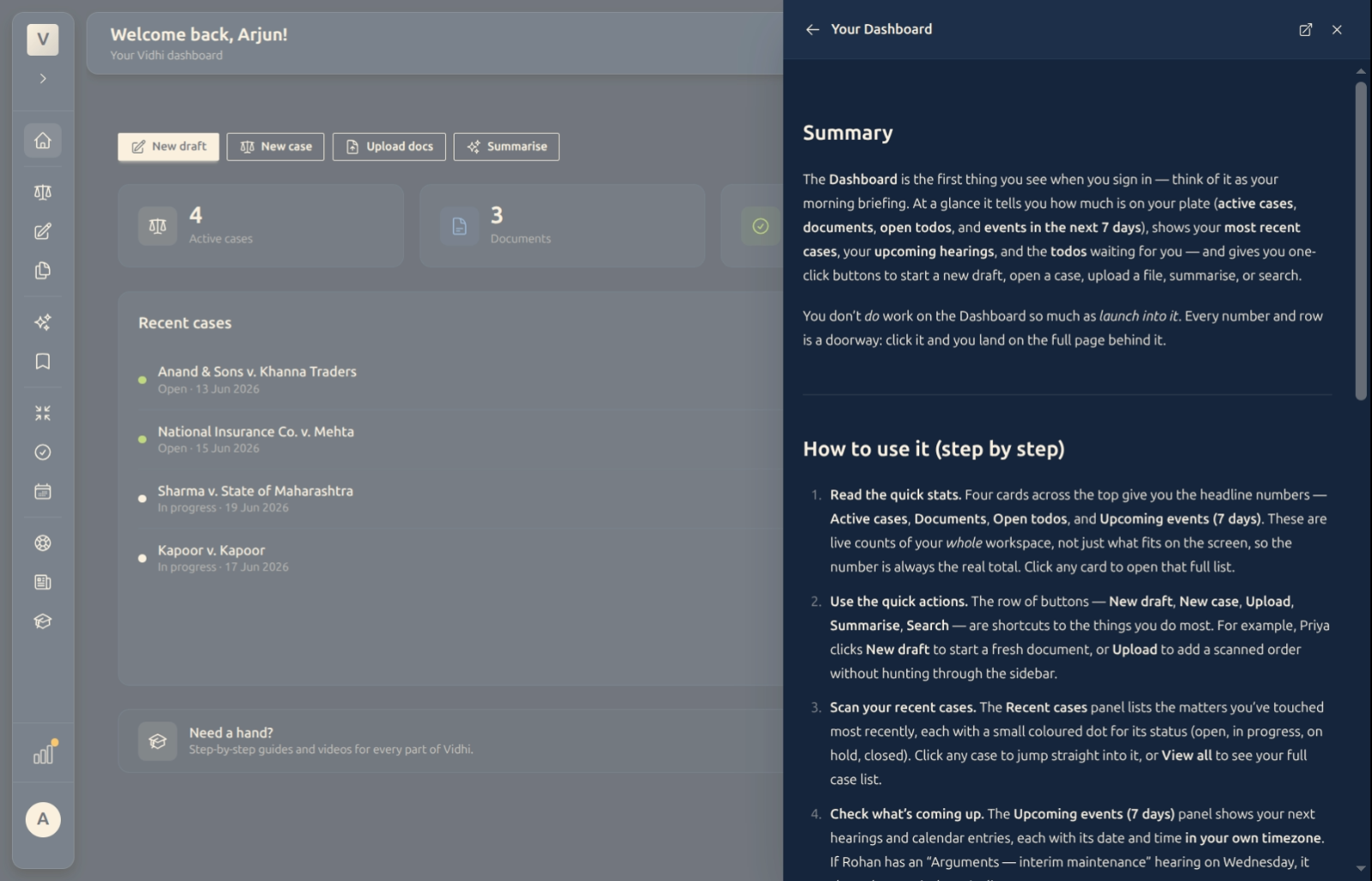 The Help drawer open on the Dashboard, showing the getting-started guides