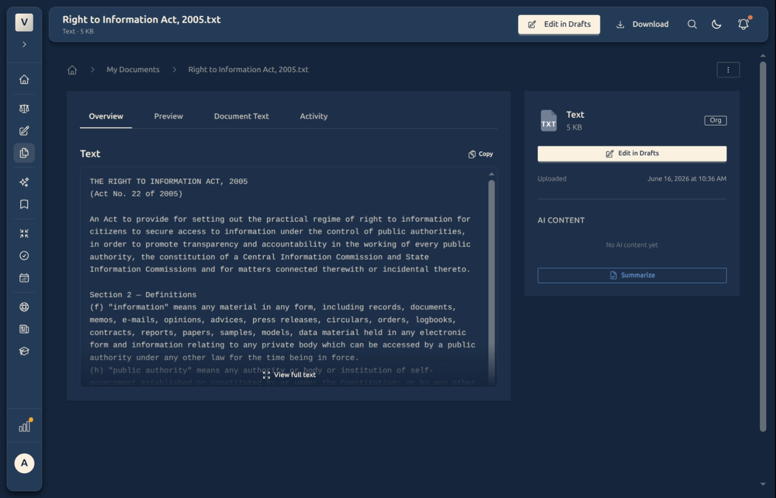 The document Overview tab with the file panel and Summarize button