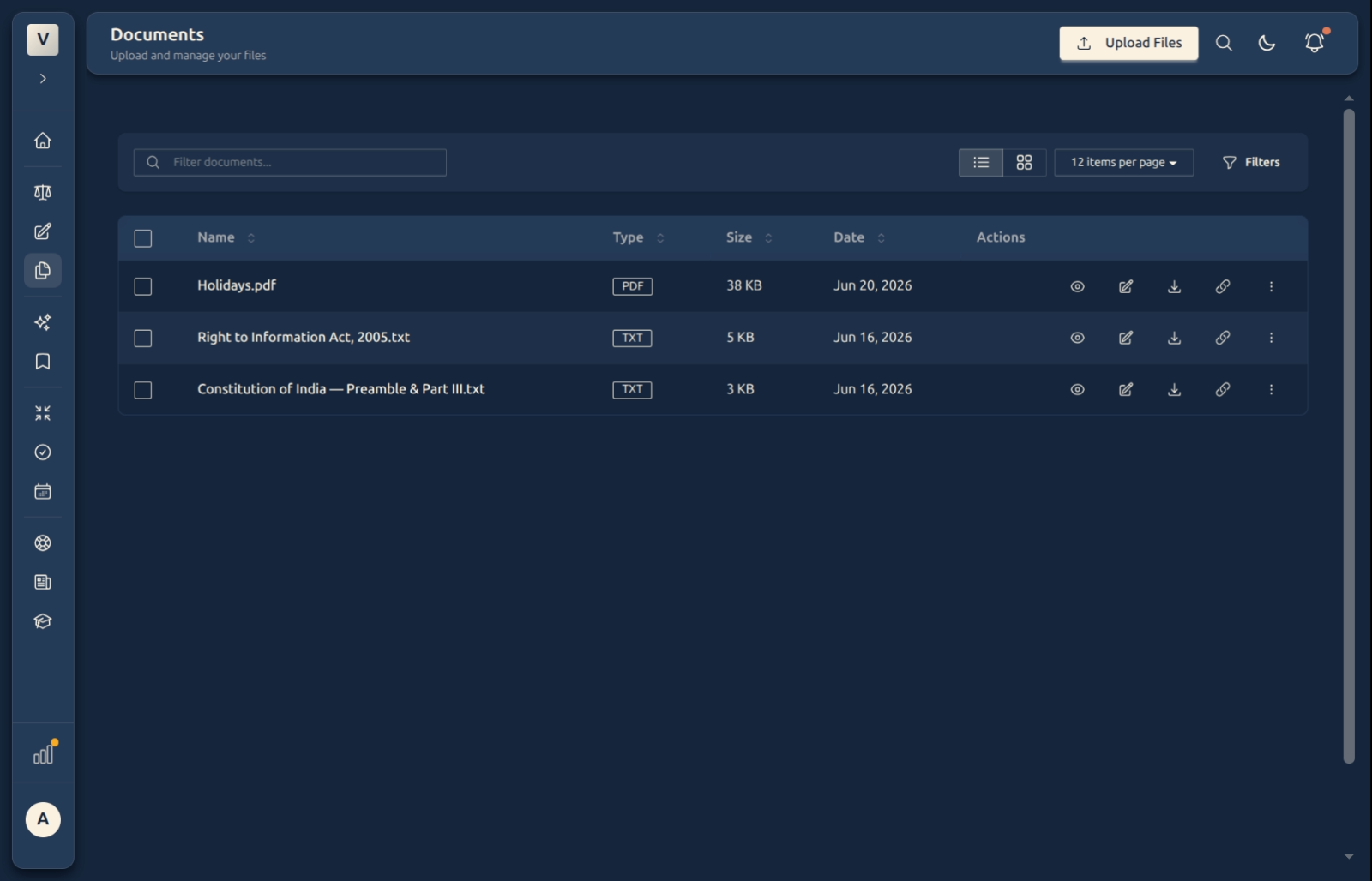 The documents list with name, type, size, and date columns