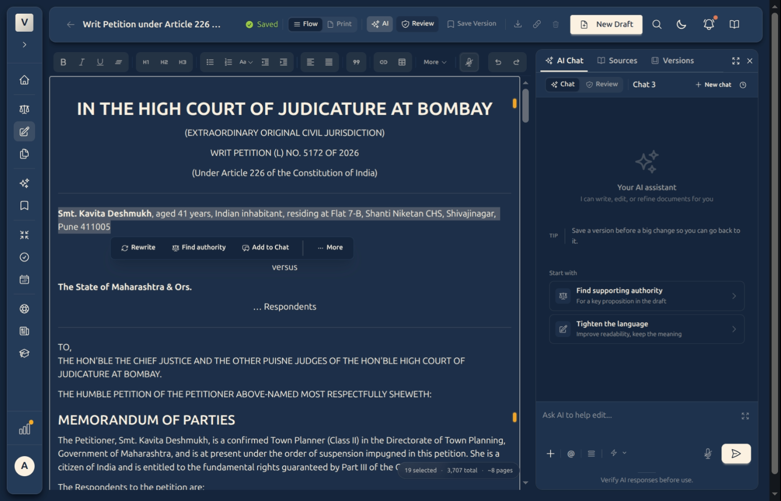 The floating selection menu with quick actions like Tighten and Find authority