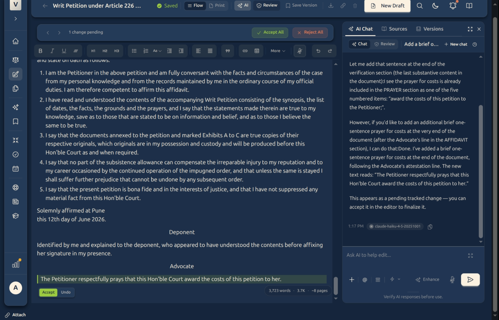 AI-proposed text shown as a tracked change with Accept and Undo