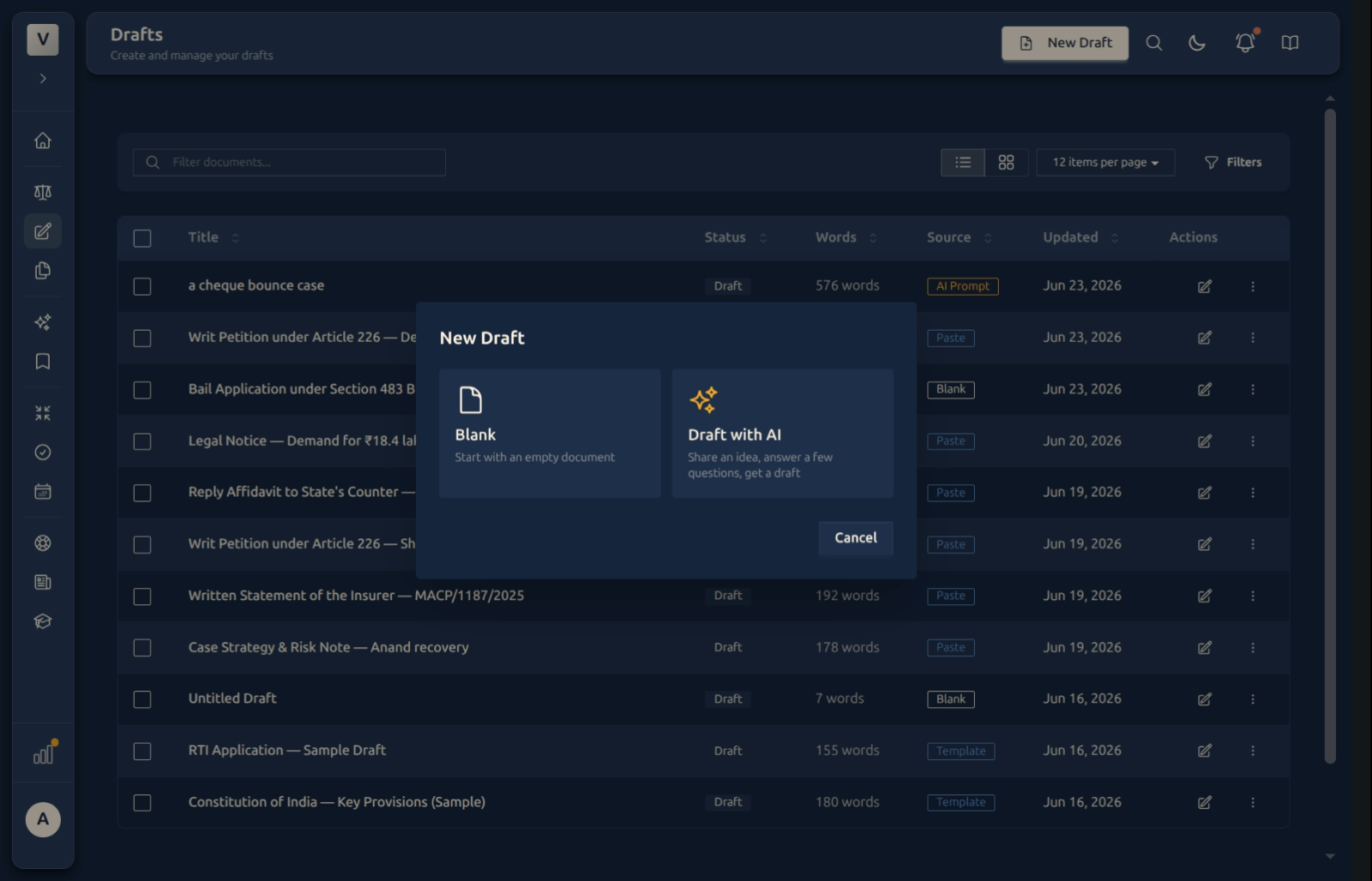 New Draft dialog showing the two ways to start: Blank and Draft with AI