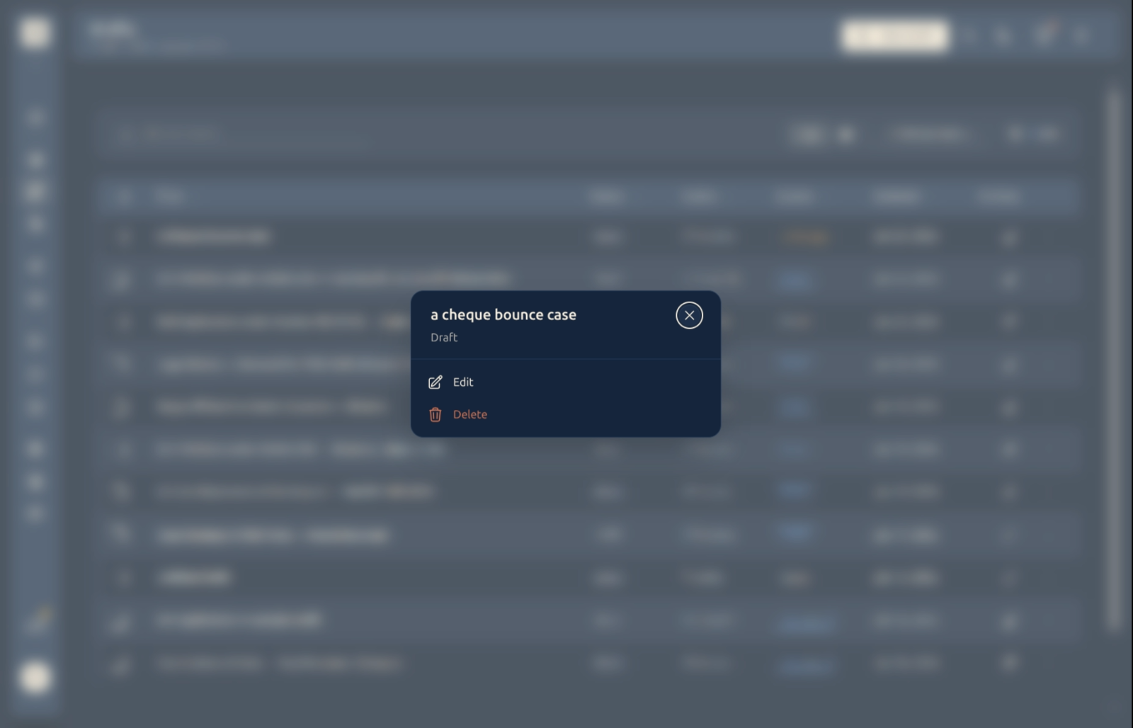 A draft row with the Edit pencil and the more-actions menu open showing Delete