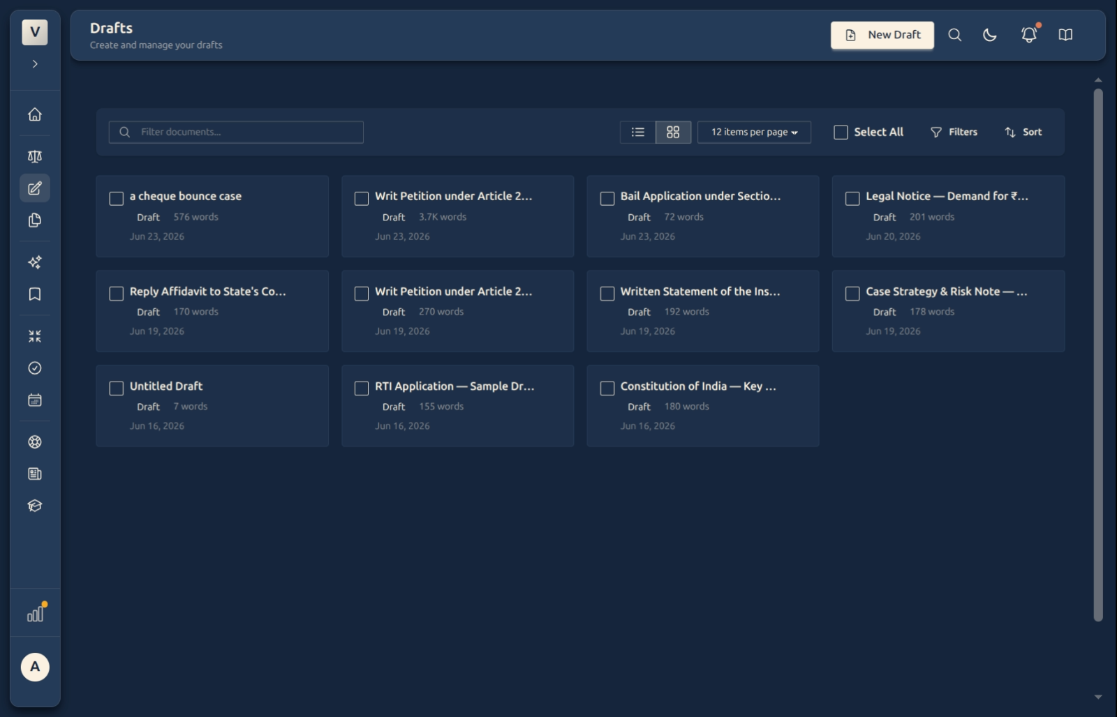 List and grid view toggle with the per-page control