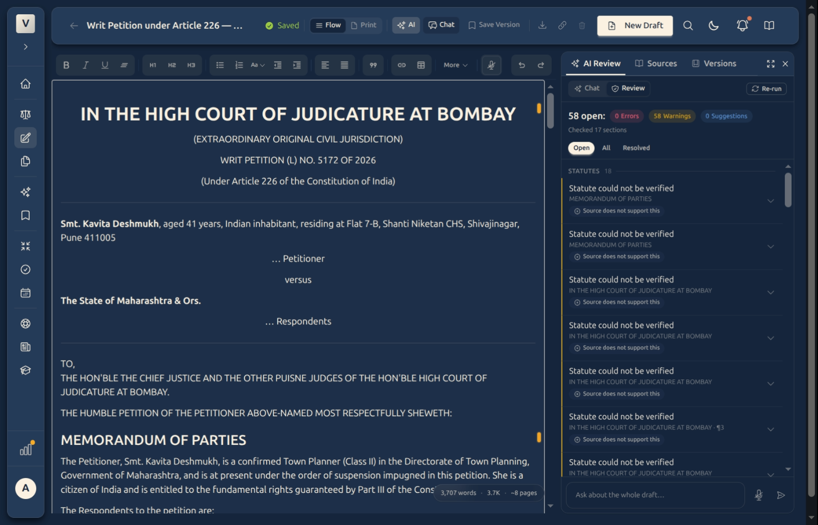 The findings list grouped by Statutes and Citations