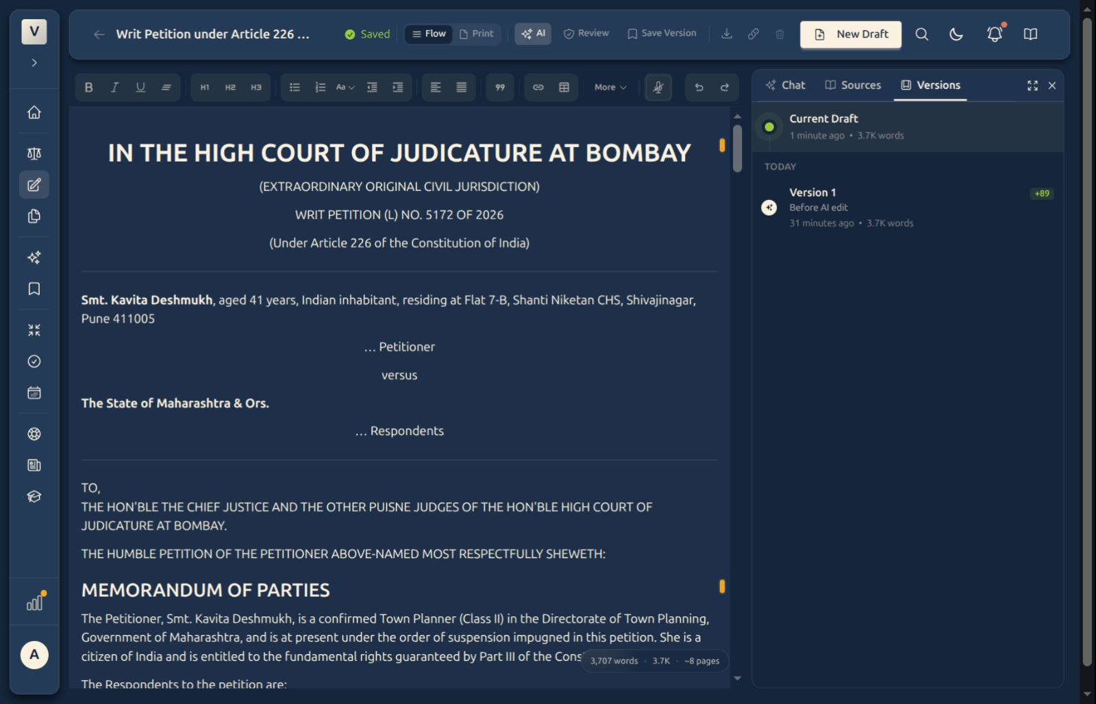 The Versions tab listing the current draft and earlier versions
