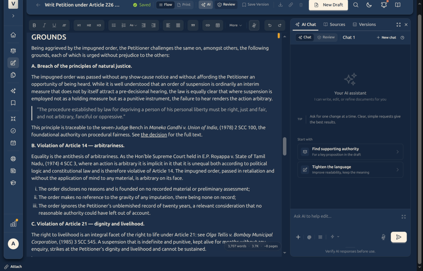Headings and a numbered list with roman sub-points in the editor