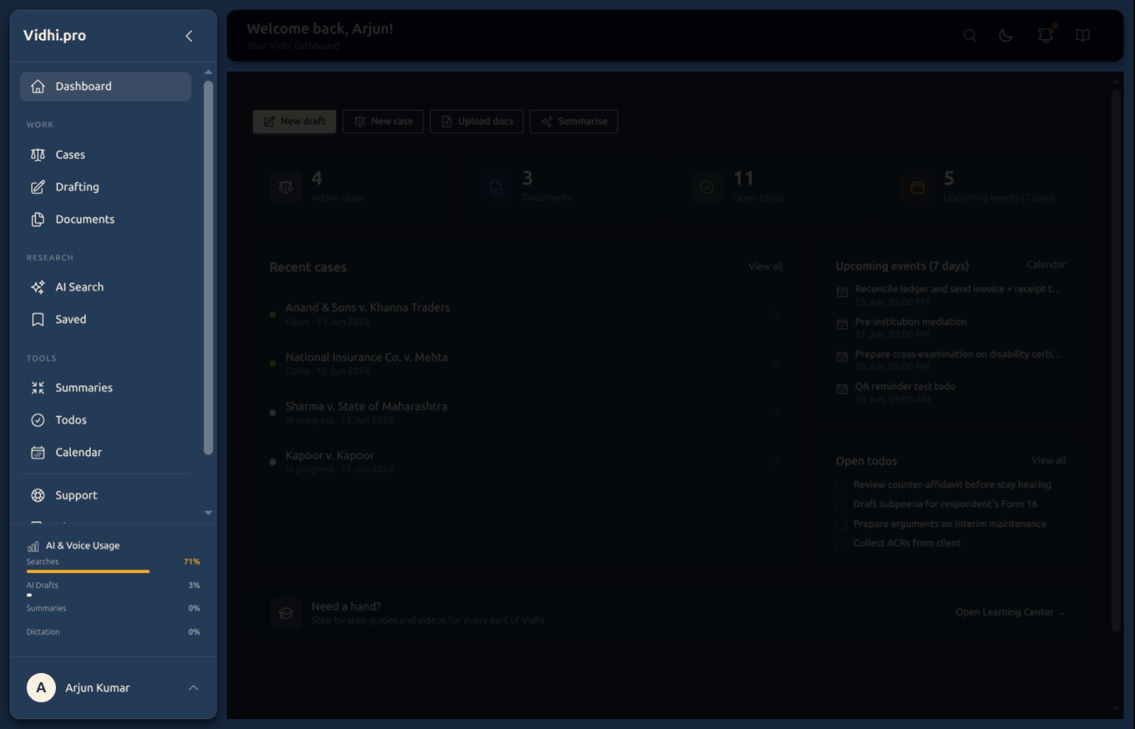 The sidebar in focus — grouped nav, the collapse arrow, the usage meter, and the profile menu