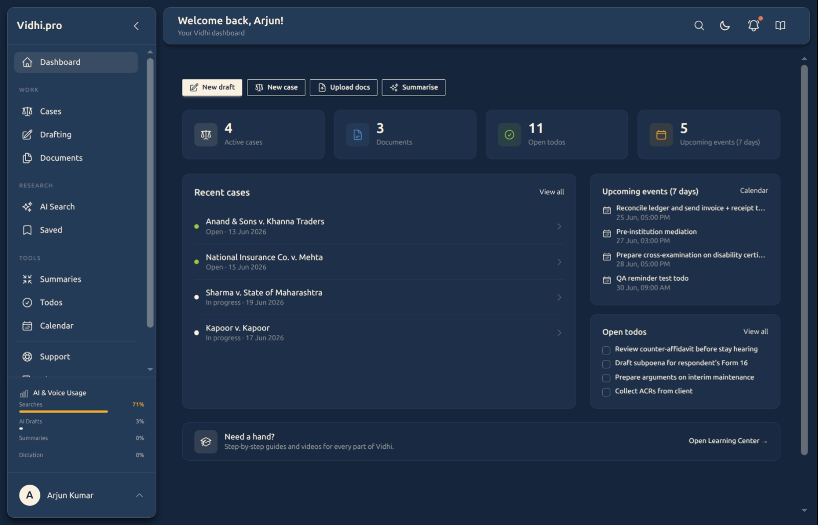 The workspace at a glance — the sidebar groups everything into Work, Research, and Tools, with the Learning Center at the bottom