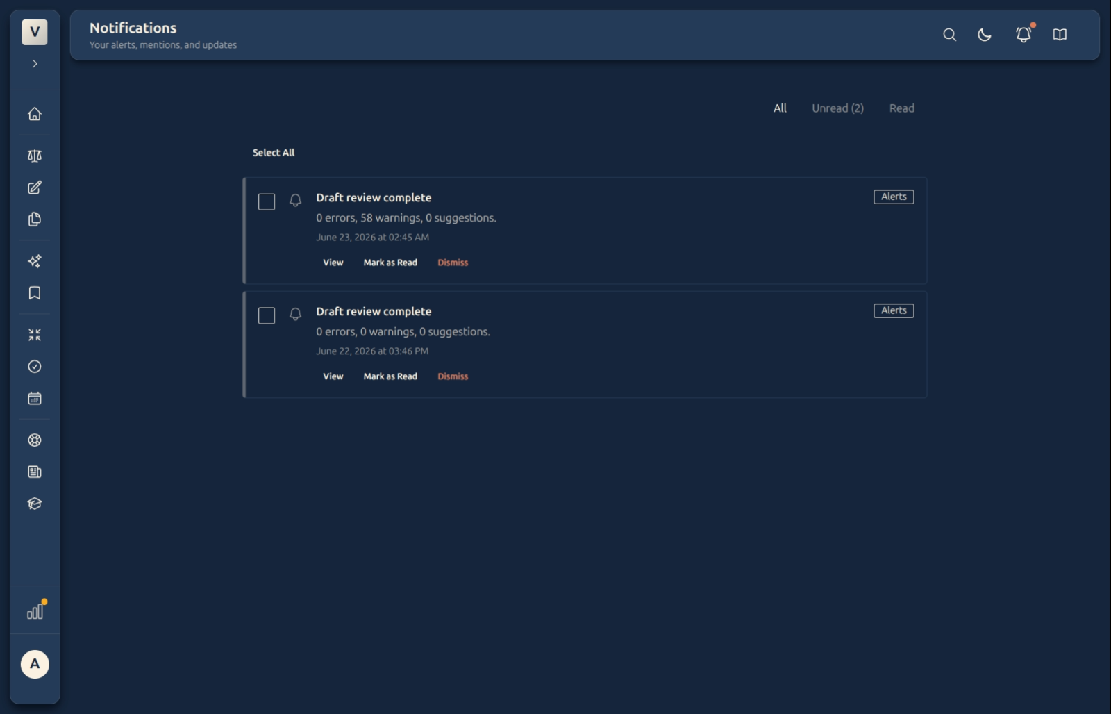 The Notifications inbox — All / Unread / Read filters, and alert cards with View, Mark as Read, and Dismiss