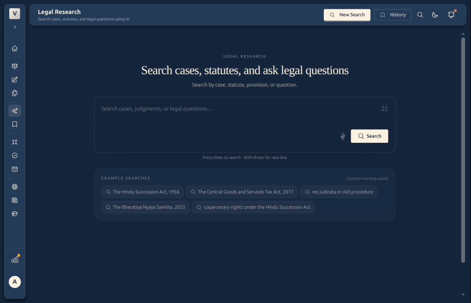 The Legal Research search box with example searches