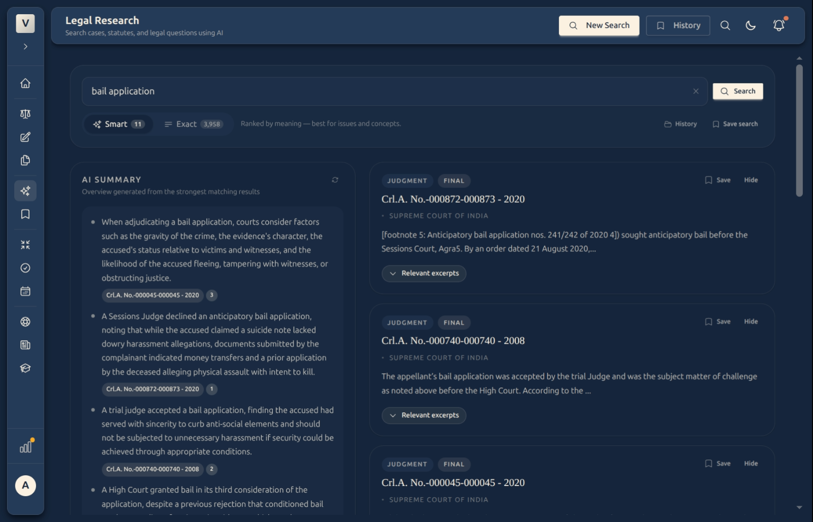 Search results with the Smart/Exact tabs and an AI summary