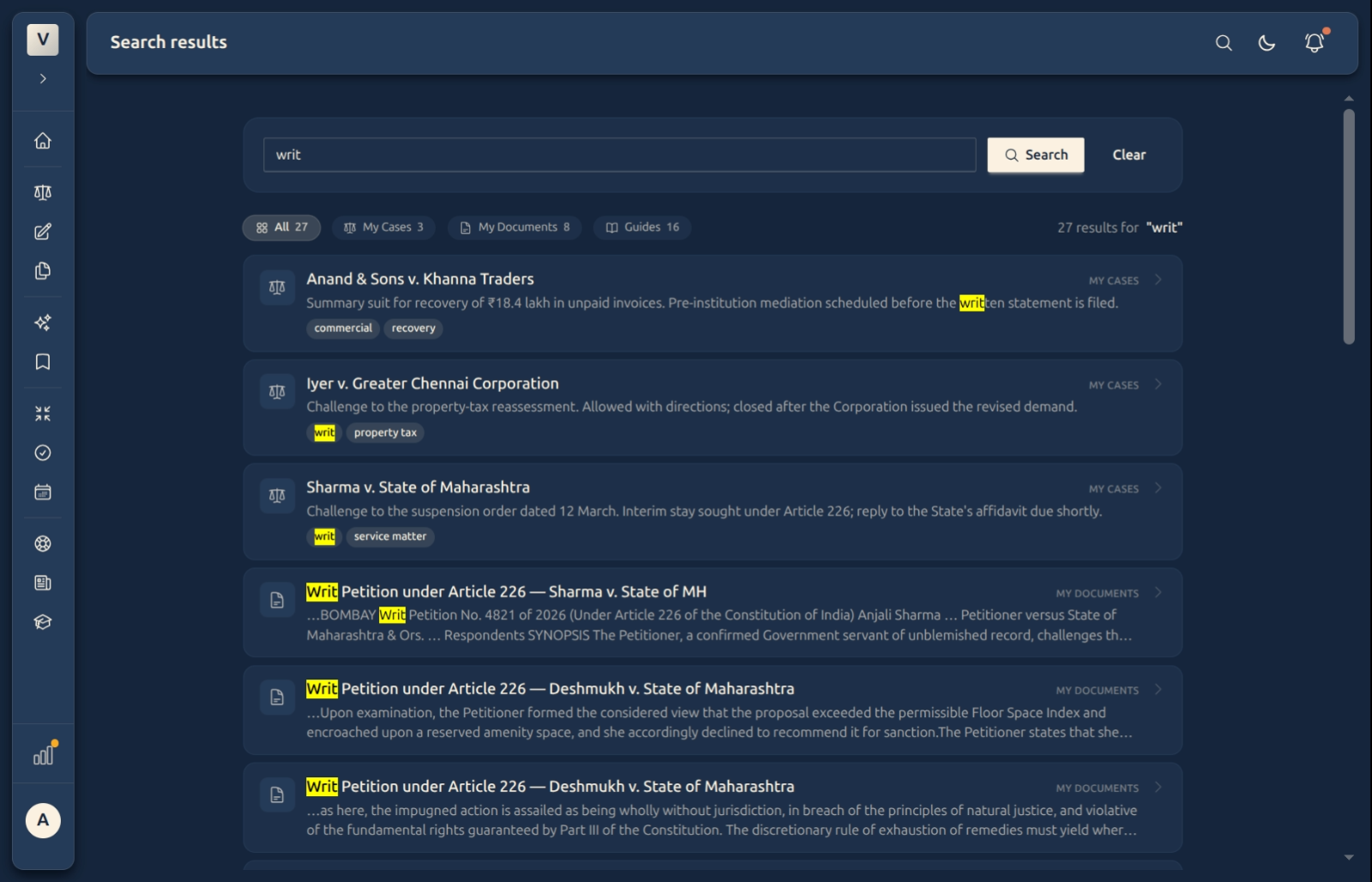 Global Search results across cases, documents, and guides