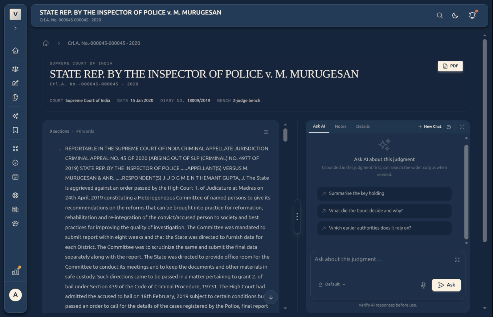 The Reader: judgment text on the left, Ask AI panel on the right