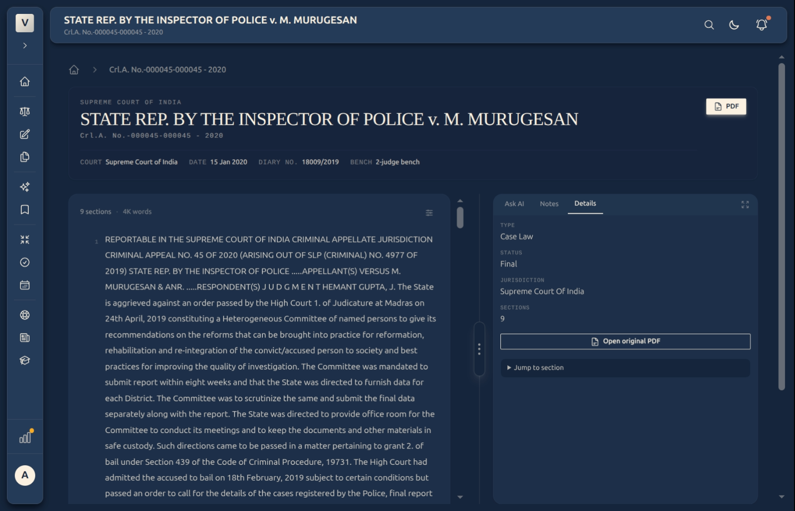 The Details tab showing case type, status, and jurisdiction