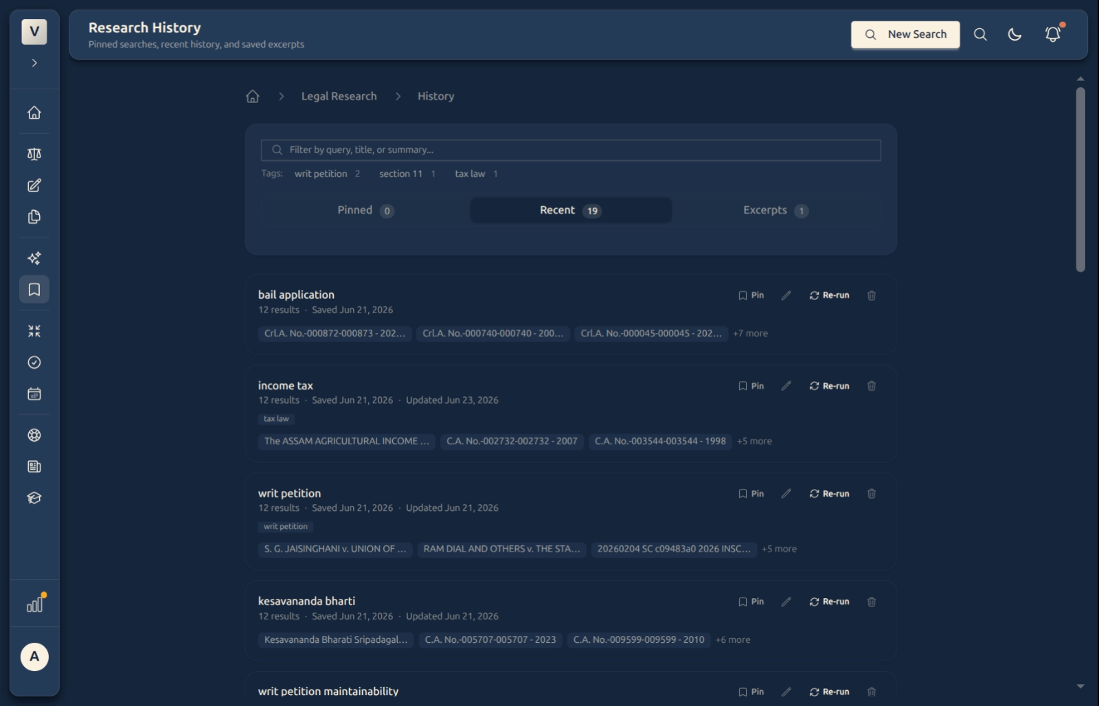 Research History showing recent saved searches