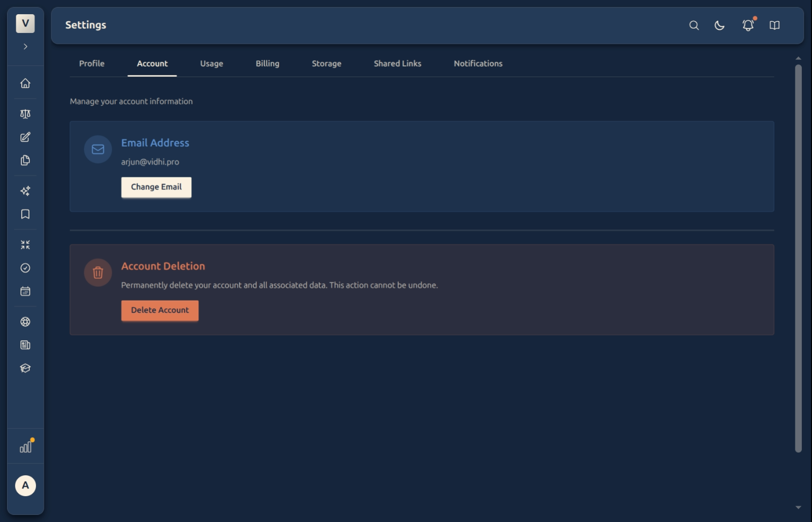 The Account tab — your email address with a Change Email button, and an Account Deletion section