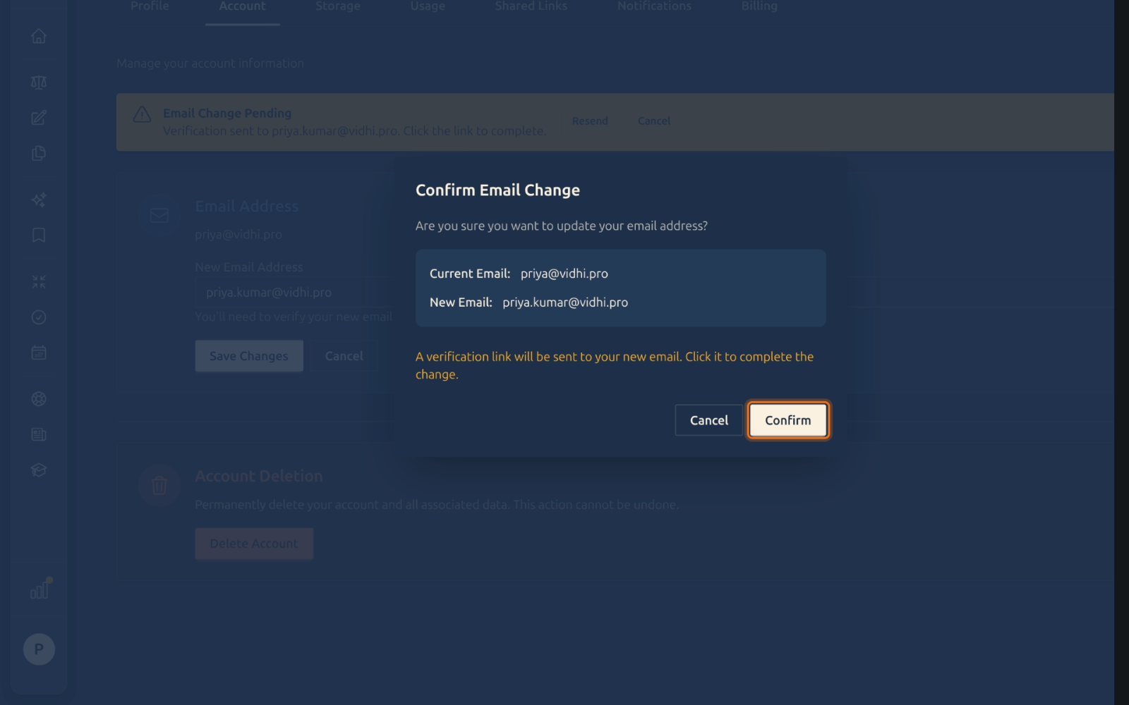 Confirm email change dialog
