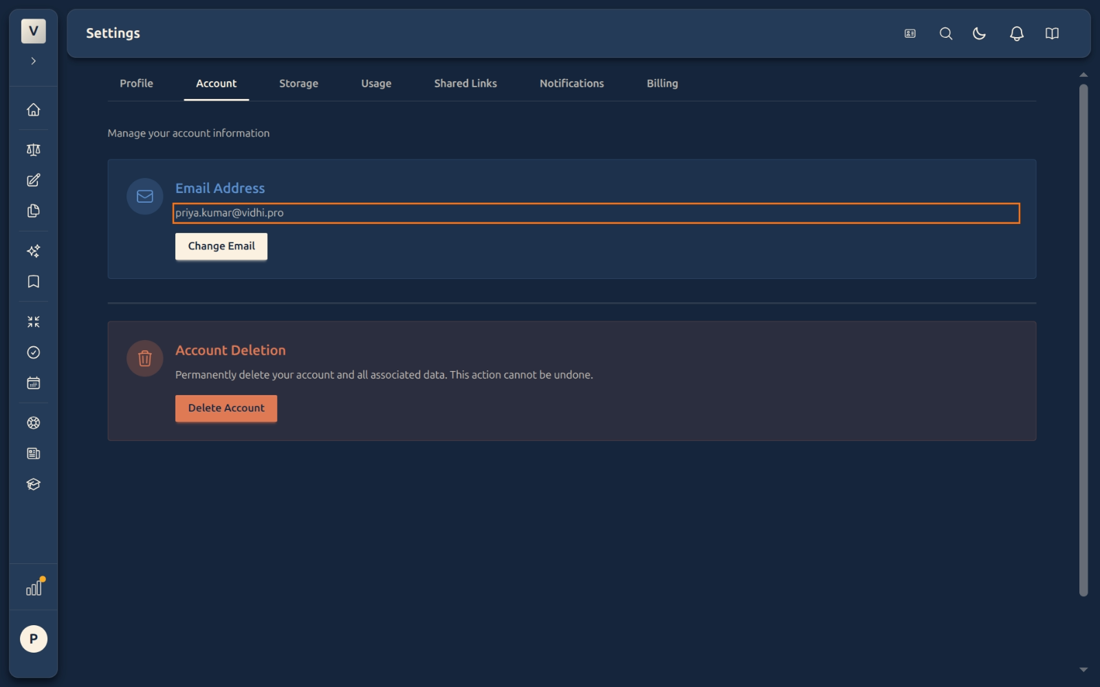 Account tab showing new email confirmed