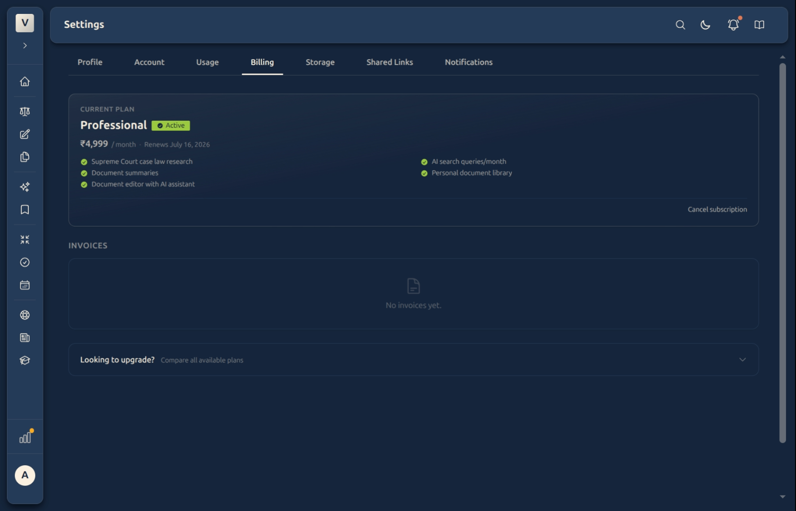 The Billing tab — current plan with renewal date, the invoices list, and a compare-plans panel