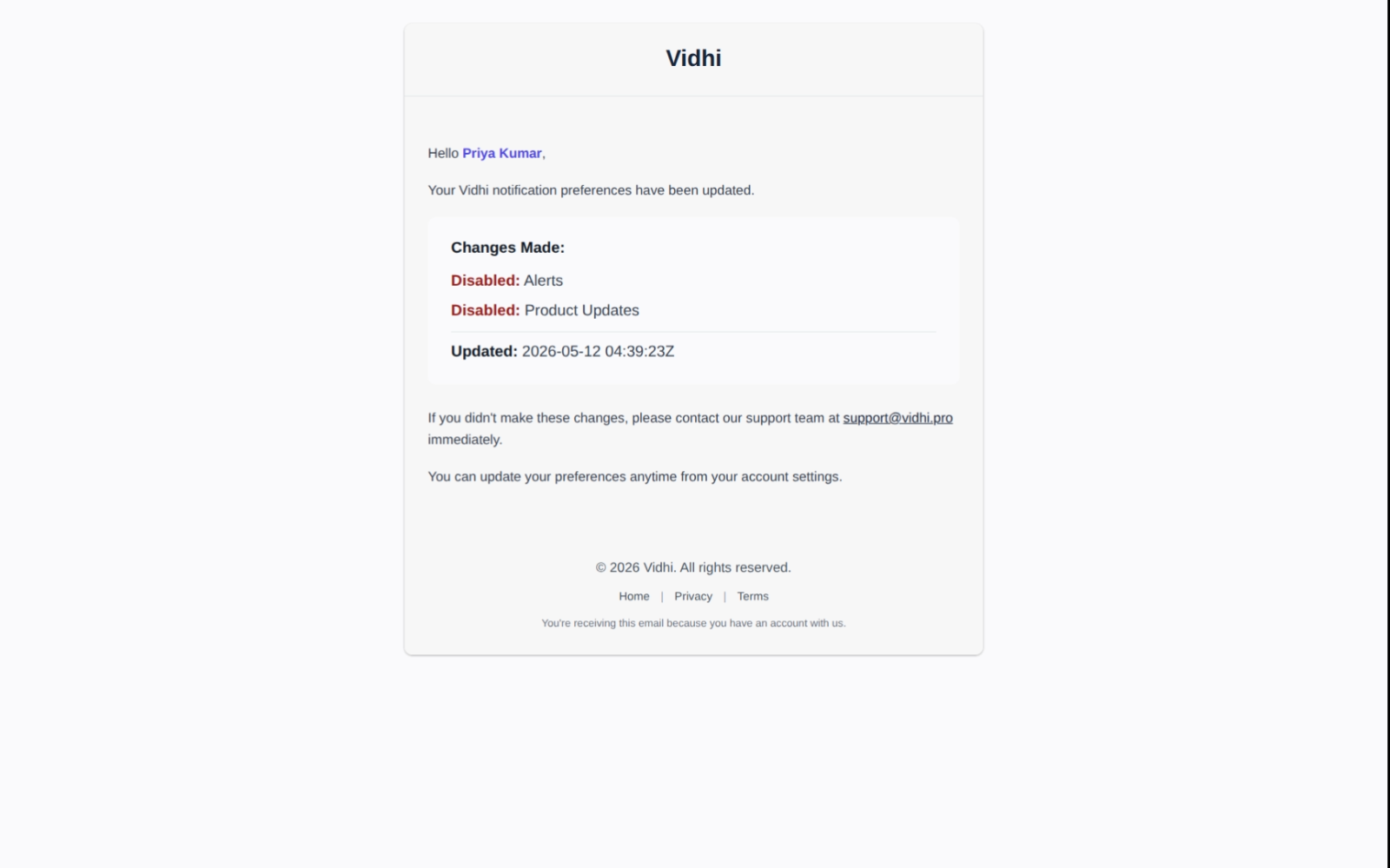Sample confirmation email — Notification preferences updated