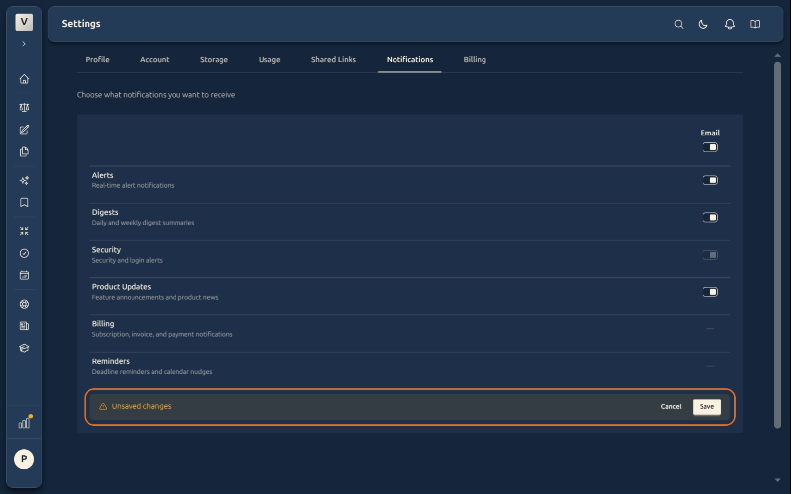 Unsaved changes banner with Save and Cancel