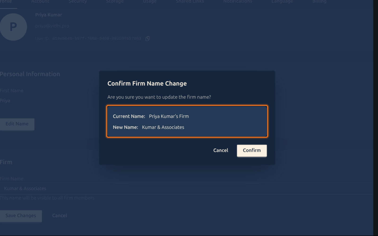 Confirm Firm Name Change dialog