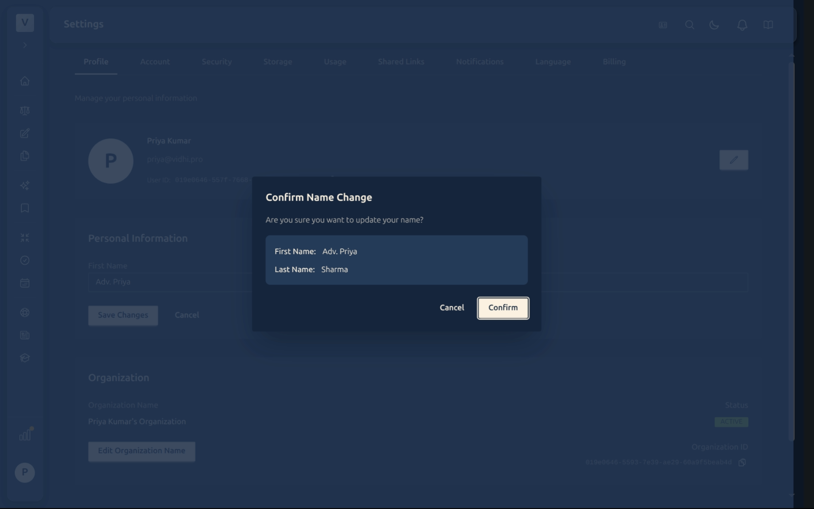 Confirm Name Change dialog