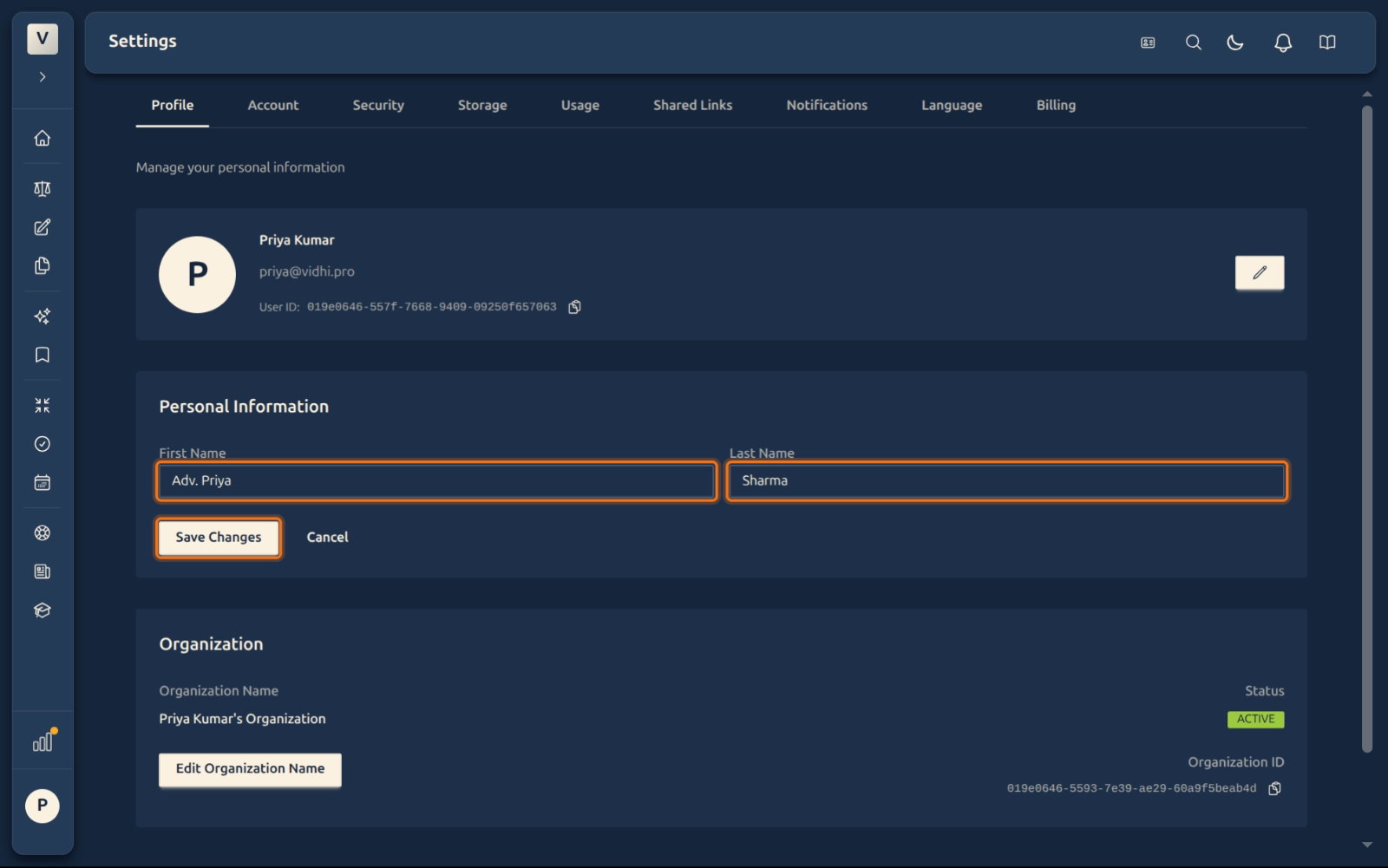 Edit name form with new values