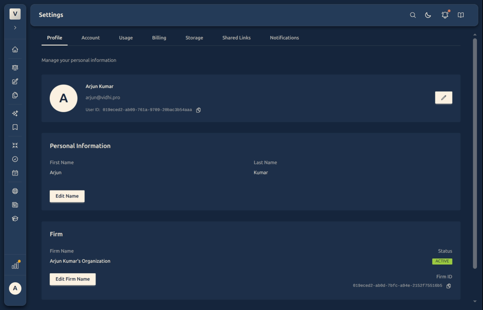 The Settings page — tabbed sections for Profile, Account, Usage, Billing, Storage, Shared Links, and Notifications